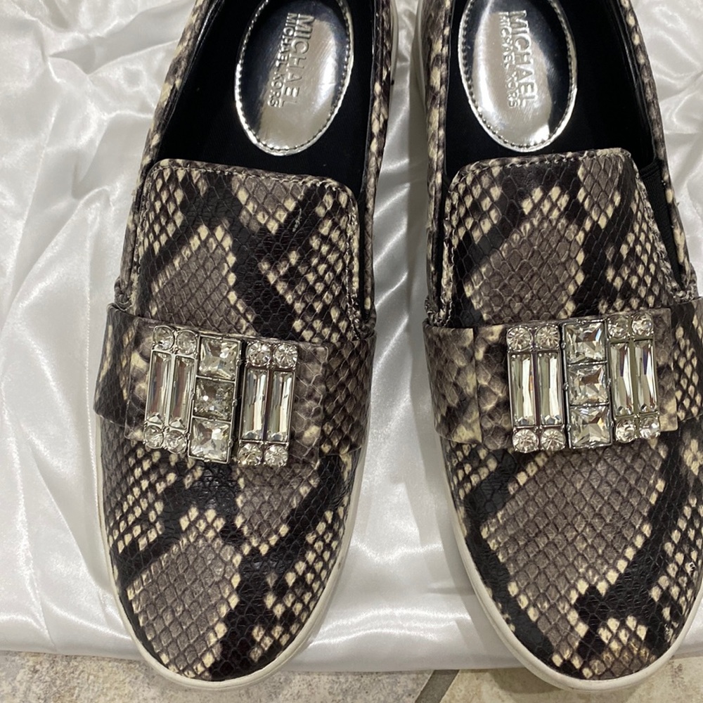Michael Kors snake print tennis shoes. Rhinestone accent. Size 9